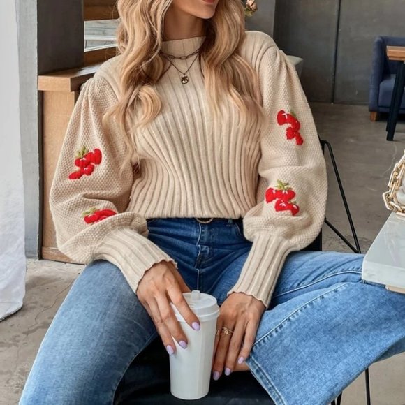 Strawberry Ribbed Knit Sweater Top Cozy Khaki - Picture 4 of 6